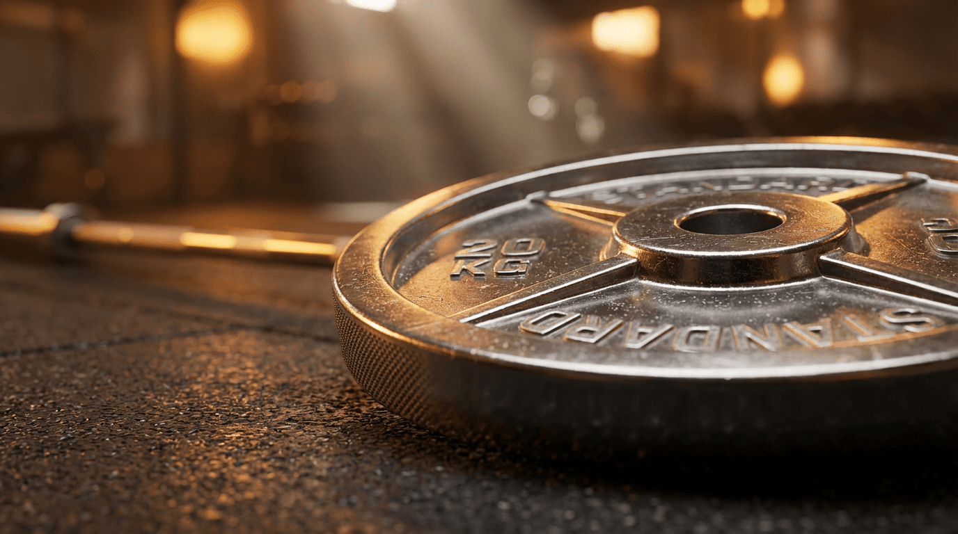 Macro shot of polished steel barbell plate on gym floor with warm studio lighting and shallow focus.